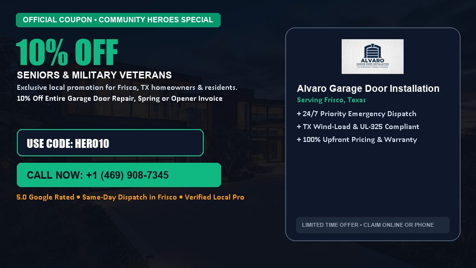 Alvaro Garage Door Installation 10% OFF Seniors & Military Veterans in Frisco, TX